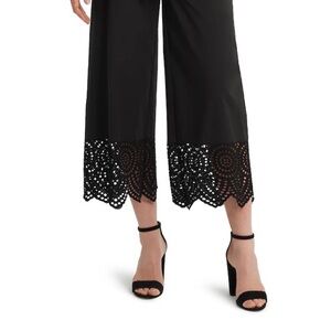 Halston Heritage Black Cropped Wide-Leg Pants with Laser-Cut Lace Hem